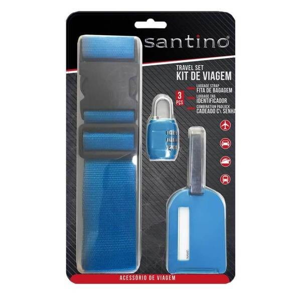 Kit Para Mala De Viagem Com Cadeado Tsa, Tag E Cinta De Poliéster Azul - 1
