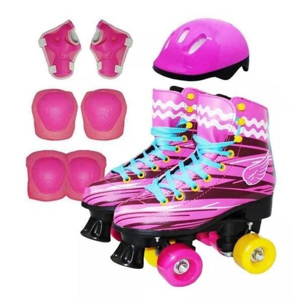 Patins 4 Rodas Roller Infantil Kit Proteção 30/31 Rosa - 1
