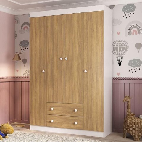 Guarda-roupa Infantil 122cm 4 Portas e 2 Gavetas Encanto Multimóveis Mp4448 Branco/madeirado Branco