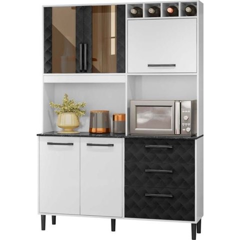 Kit Cozinha Compacta 5 Portas Branco UV/Preto Tridimensional - Divine/Nicioli