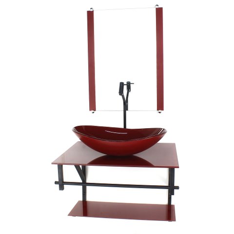GABINETE DE VIDRO PARA BANHEIRO 60CM AP CUBA OVAL VERMELHO CEREJA FULL COM TORNEIRA PRETA