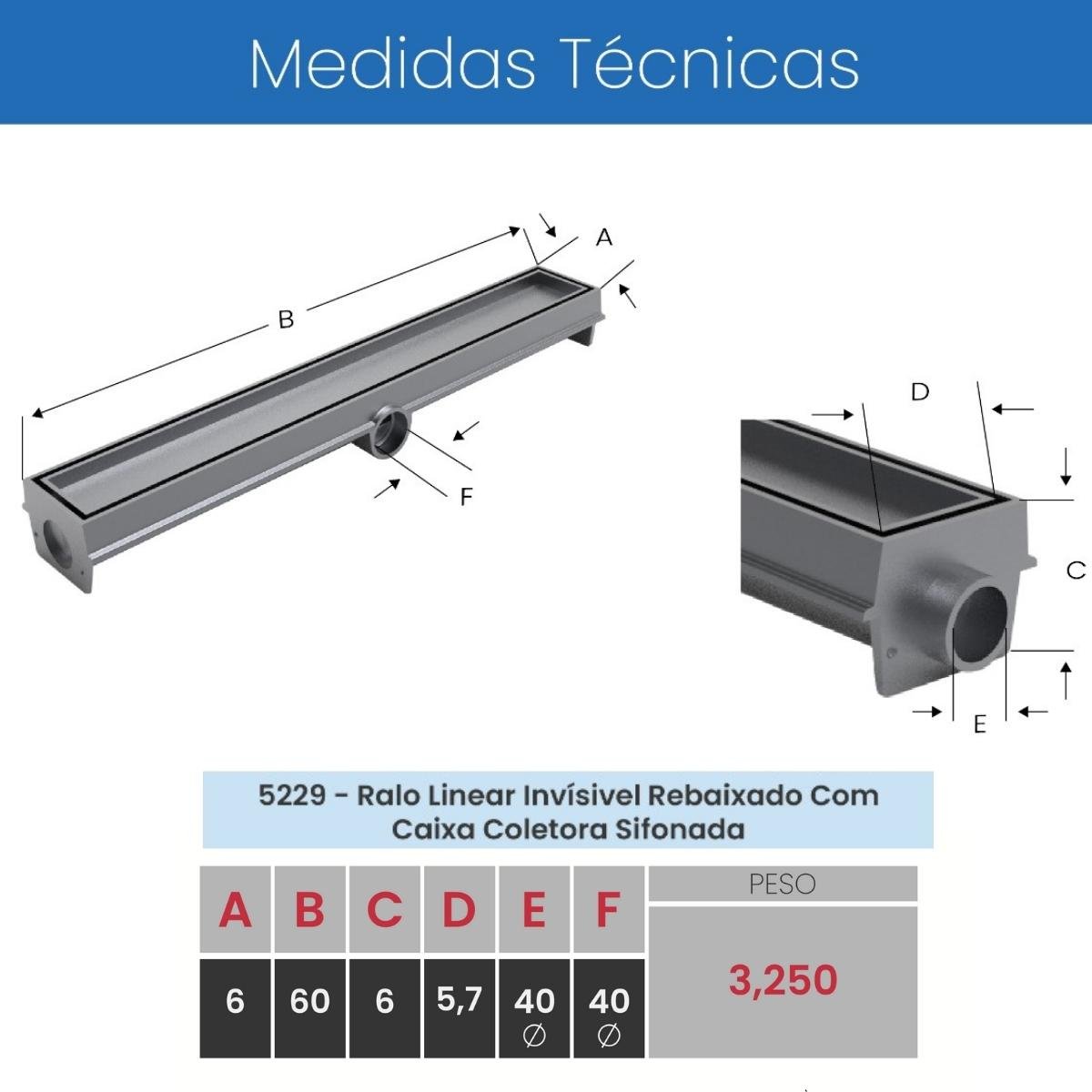 Ralo Linear Invisível Oculto Para Banheiros Com Caixa Coletora Sinfonada Alumínio Fundido 6x60cm - 3