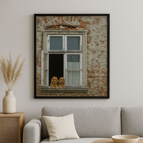 Quadro Decoração Rústica Cães Cocker na Janela 45x34cm - com Vidro:moldura Preta
