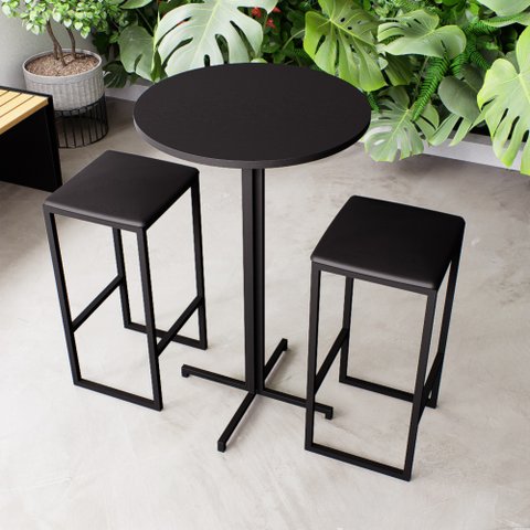 Conjunto Mesa Alta Bar Bistrô Redonda Preta 2 Bancos Estofado Don Castro Decor