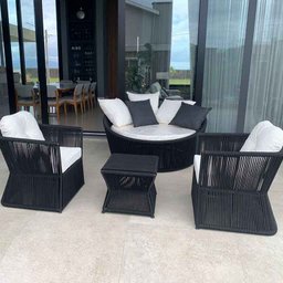 Conjunto de Chaise Orbit em Corda Náutica - 1 Chaise + 2 Poltronas + Mesa Centro - Tecido Duna Cru - 1