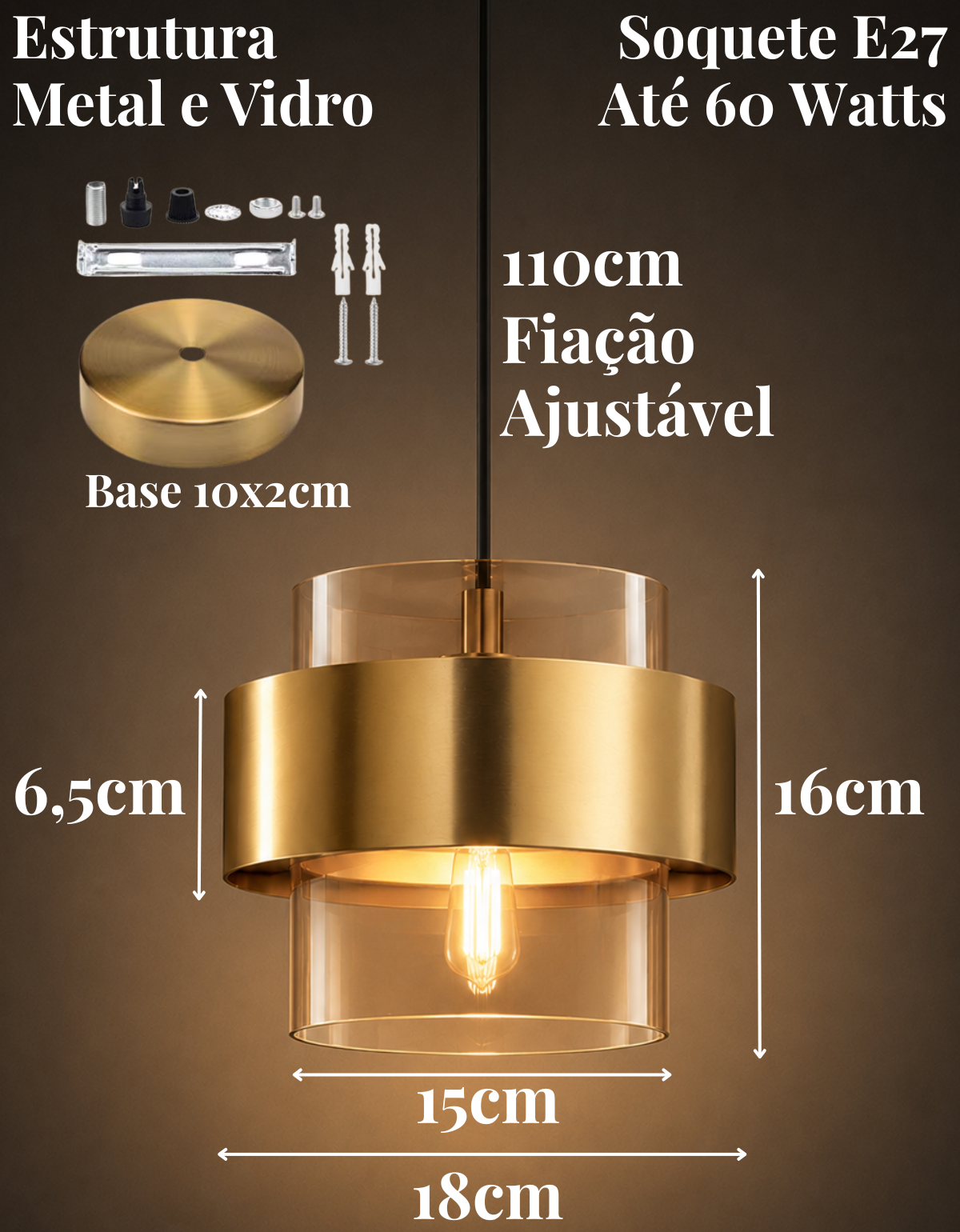 Ver imagem 6 de Lustre Pendente 18cm Vidro Cilindro Âmbar Metálico Dourado Luminária Teto Gimpo Kjdde-298-amb