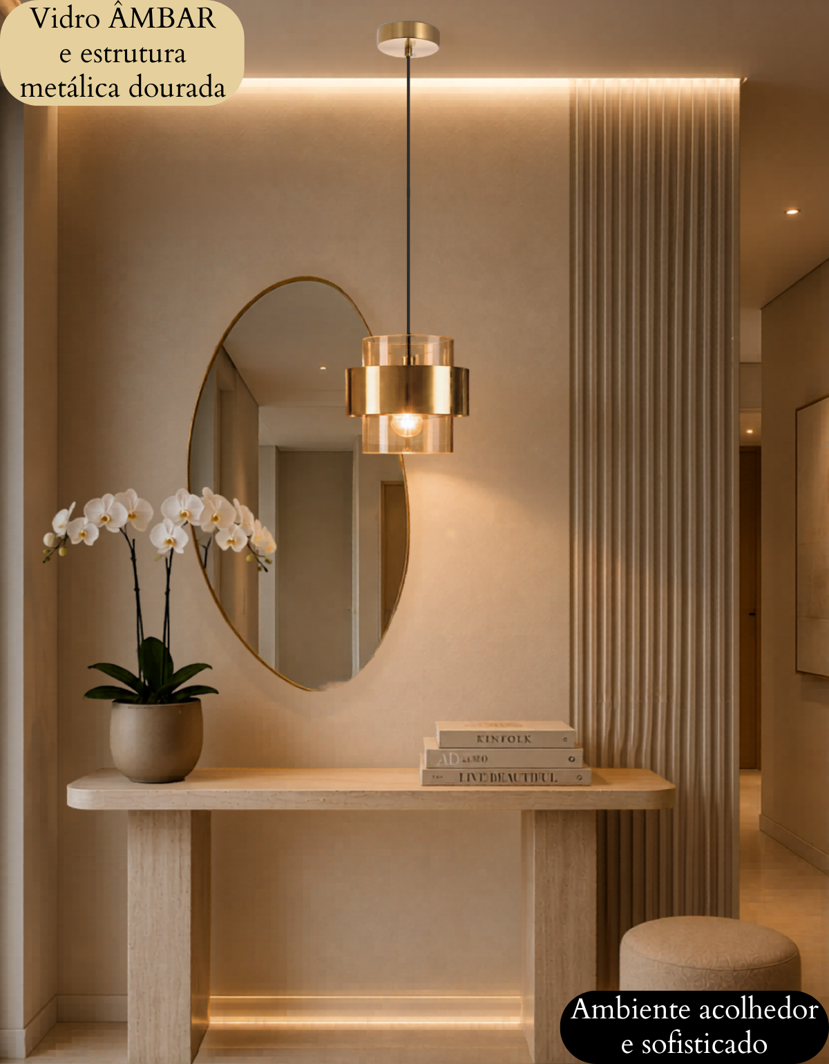 Ver imagem 2 de Lustre Pendente 18cm Vidro Cilindro Âmbar Metálico Dourado Luminária Teto Gimpo Kjdde-298-amb