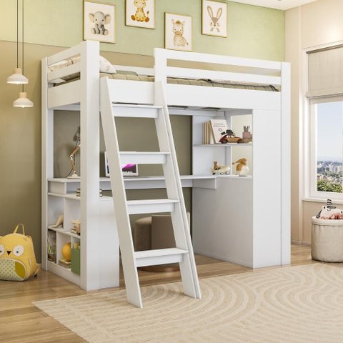Cama Infantil Alta com Escrivaninha e 6 Gavetas para Colchão 88x188cm Multimóveis Crrui-CAM007