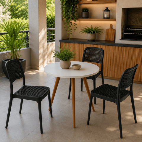 Conjunto Mesa de Jantar Redonda 70cm com 3 Cadeiras Mônaco Rattan - Preto