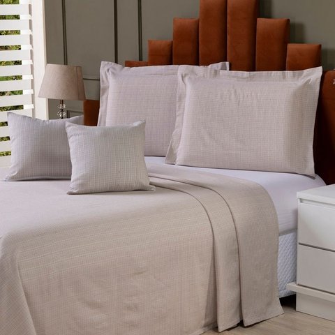 Colcha Cobre Leito King 5p Tecido Rústico Topázio com Capa de Almofada Bege Avelã