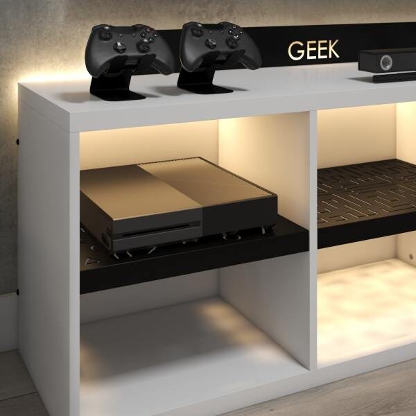 Rack Bancada Gamer Geek Madeira Metal Branco LED Incluso - 6