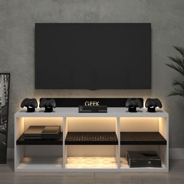 Rack Bancada Gamer Geek Madeira Metal Branco LED Incluso - 2