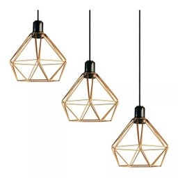 Lustre Pendente Diamante Triplo Aramado E27 Preto Cobre - 3