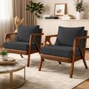 Ver imagem 1 de Kit 2 Poltronas Decorativas Maia para Sala Escritório Recepção Linho Corino Braço Madeira Conforto