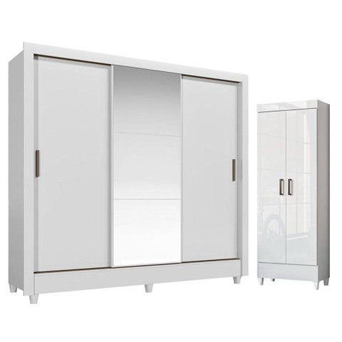 Guarda Roupa Casal Itália 3 Portas com Pés e Armário Multiuso Fit com Pés Branco Brilho - Santos And