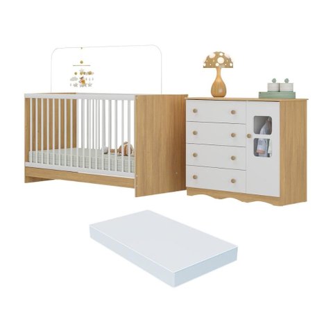 Berço 3 em 1 com Colchão Incluso e Cômoda 1 Porta 4 Gavetas Serena Multimóveis Mp4753 Madeirado/