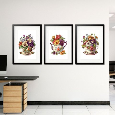Kit 3 Quadros Grandes Chá e Flores 60x48cm:moldura Preta