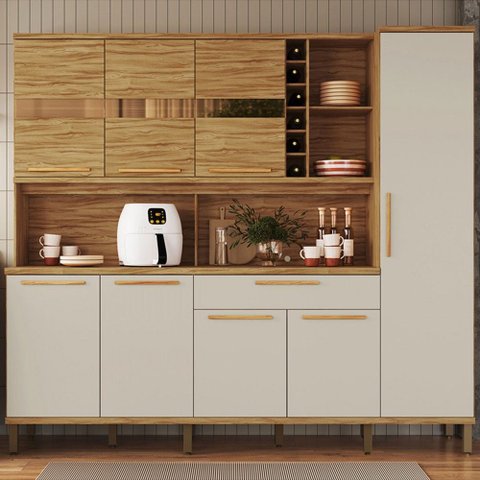 Cozinha Compacta Touriga 8 Portas 1 Gaveta 100% Mdf com Vidro Amêndoa/off White - Rio Doce