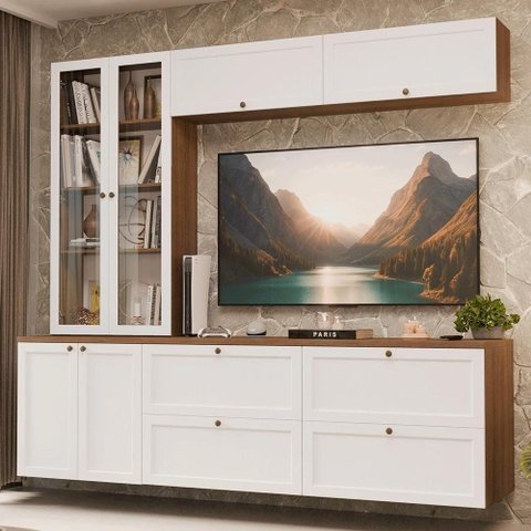 Estante Sala de Estar com Rack + Cristaleira 230cm Vik Madesa 01 Rustic-Branco