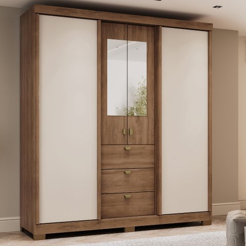 Guarda Roupa Casal 4 Portas com Espelho 3 Gavetas Fit Carraro Freijó Off White
