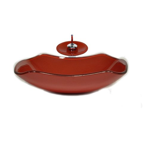 CUBA DE VIDRO ABAULADA 45CM VERMELHO CEREJA + VALVULA + TORNEIRA CASCATA
