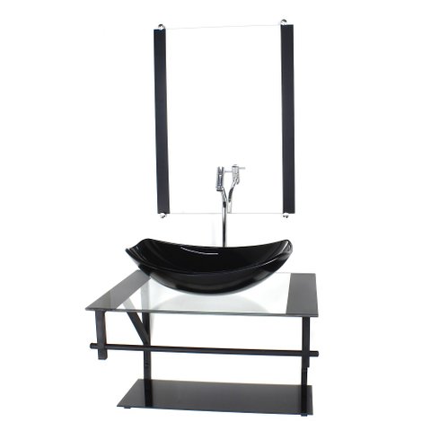 GABINETE DE VIDRO PARA BANHEIRO 60CM AP CUBA OVAL CHANFRADA PRETO COM TORNEIRA CROMADA