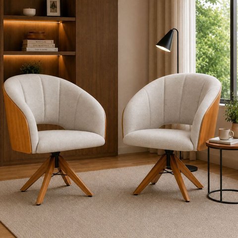 Kit 2 Poltronas Giratória Linho Premium Base Madeira Maciça Lia