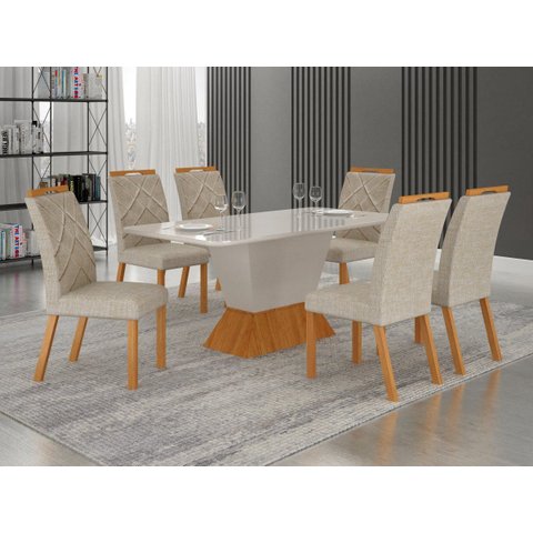 Conjunto Sala de Jantar Larissa 1,80m Tampo Copo Off com 6 Cadeiras Cinamomo/Off/Linho Palha