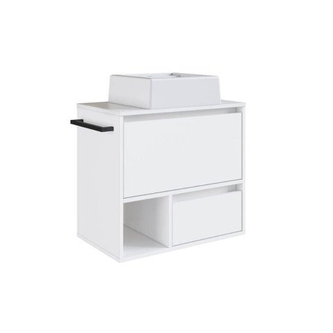 Gabinete de Banheiro Suspenso Branco 60cm com Cuba e Toalheiro 1 Porta e 1 Gaveta