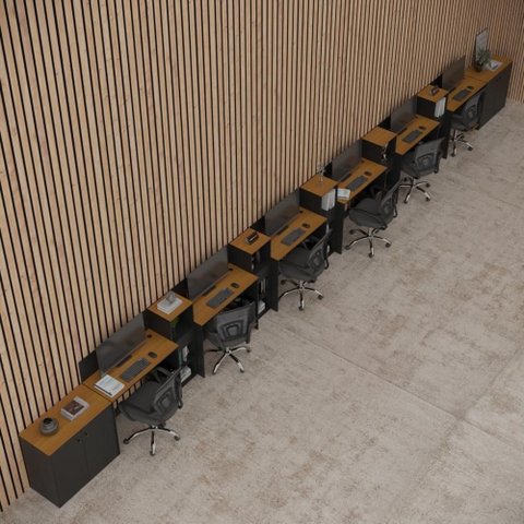 Conjunto de Escritório Smart 5 Livreiro 2 Buffet e 6 Mesas 90cm - Preto e Cedro