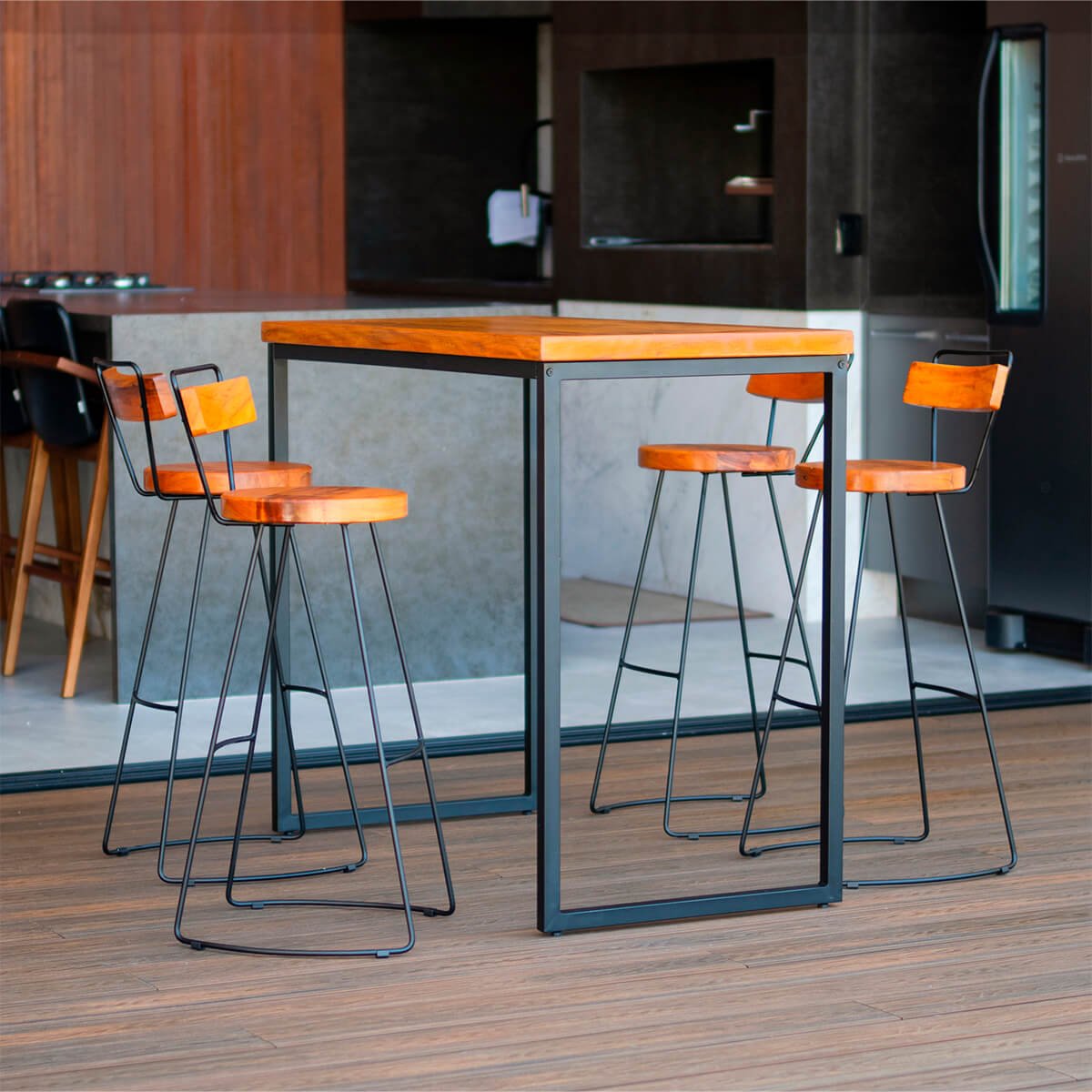 Mesa Bistro Alta 100cm Tampo Madeira Peroba com 120cm x 60cm Estilo Industrial - ÉdeCasaMóveis                                                  - 4