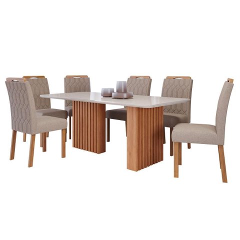 Conjunto de Mesa de Jantar Tampo de Vidro Off White Ester 1,80 com e 6 Cadeiras Paola Cinamomo/