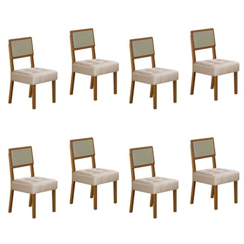 Kit de 8 Cadeiras para Sala de Jantar Pés em Madeira Maciça Liz Bege/Cinamomo/Linho