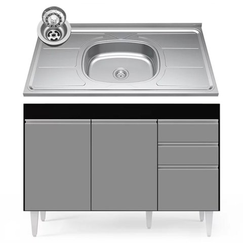 Balcão Gabinete com Pia Inox 120cm Michigan Preto/Cinza - Lumil Lumil Móveis
