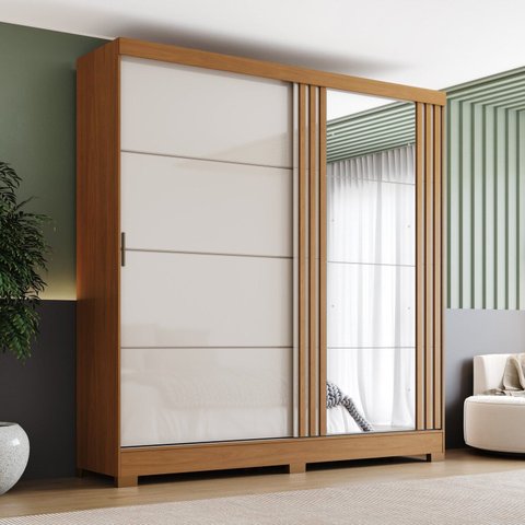 Guarda-Roupa Solteiro 2 Portas de Correr 3 Gavetas com Espelho Prime Off White/Cinamomo