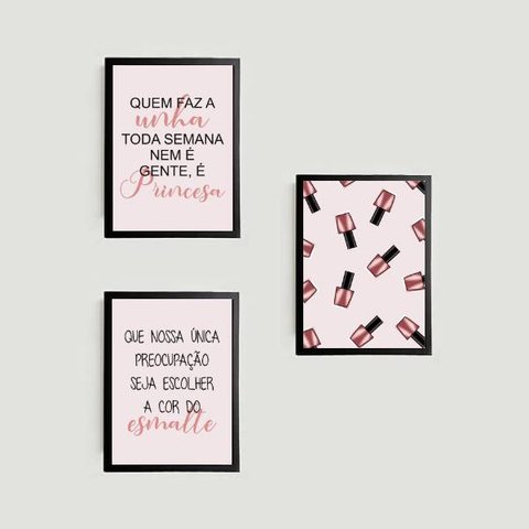 Kit 3 Quadros Decorativos Esmalteria 24x18cm - com vidro:Madeira branca