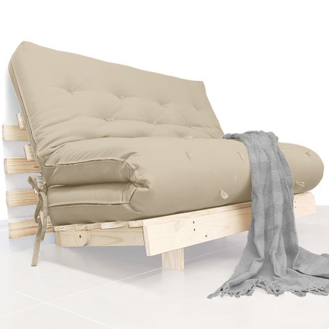 Futon Casal Tokio Sofá Cama Bege com Madeira Maciça
