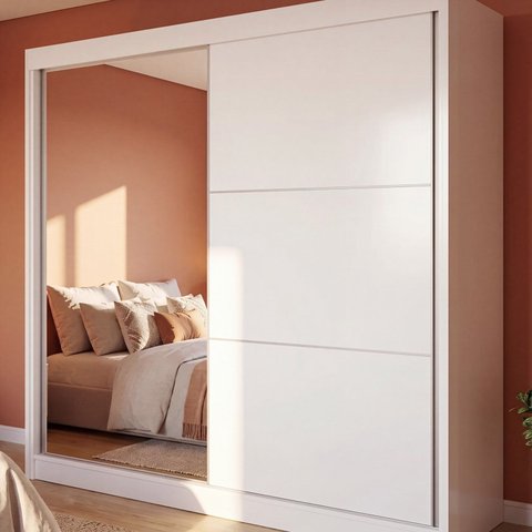 Guarda Roupa Casal 100% MDF 2 Portas de Correr 6 Gavetas com Espelho Cabideiros 220x230x62cm Branco