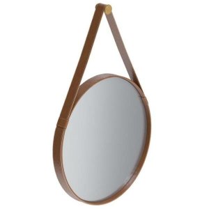 Espelho Redondo 61cm Alça em Couro Sintético Marrom Aqua Mais Imcal 6318