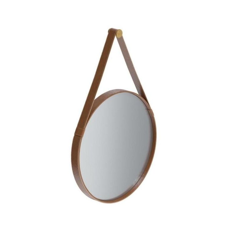 Espelho Redondo 61cm Alça em Couro Sintético Marrom Aqua Mais Imcal 6318