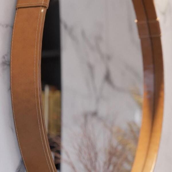 Espelho Redondo 61cm Alça em Couro Sintético Marrom Aqua Mais Imcal 6318 - 5