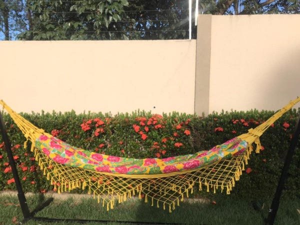 Rede de casal tecido duplo chita amarela com rosa - 2