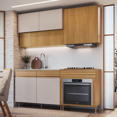 Cozinha Modulada Compacta 4 Peças 7 Portas 1 Gaveta Ripada Fecho Click 180cm com Pés Tampo e Balcão