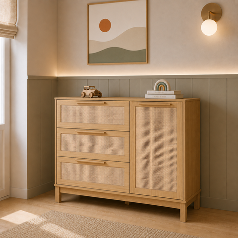 Cômoda Infantil de MDF com Porta e 3 Gavetas – Linha Indy Marca Quater, Detalhes em Rattan 120cm