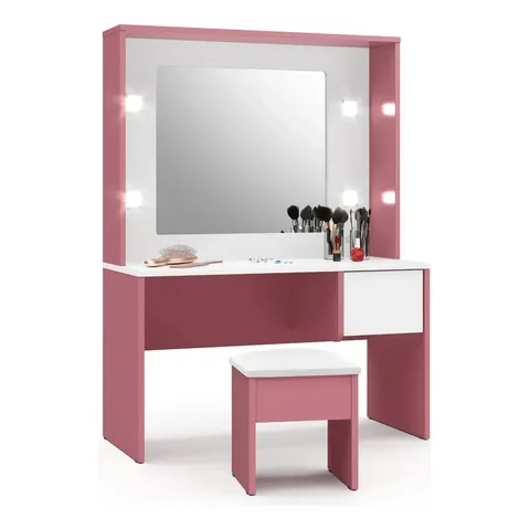 Penteadeira Diana Camarim Rosa e Branca Infantil C/ Espelho e Banqueta Mdf Rosa e Branca