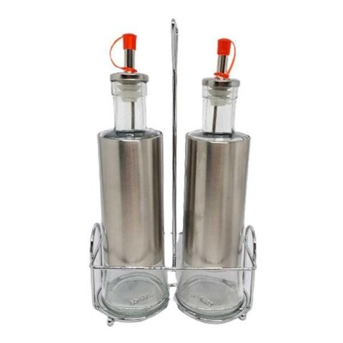 Conjunto Galheteiro Vidro e Inox com Suporte 3 Pcs Trc8507