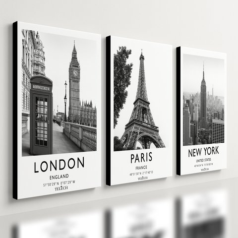 Kit 3 Quadro Decorativo Londres Paris New York Quarto Sala Qualidade Premium 28x20cm