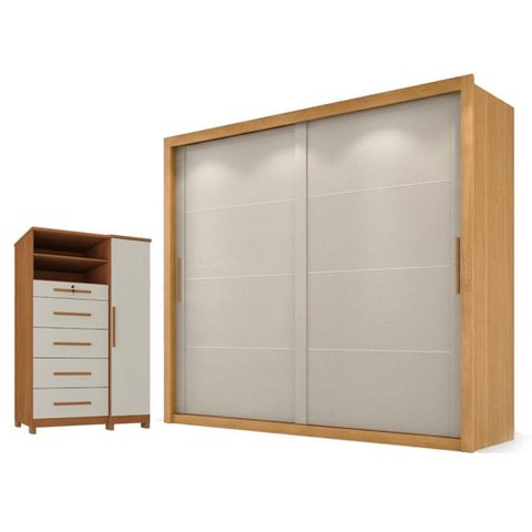 Guarda Roupa Casal Imperador Plus 2 Portas e Cômoda Sapateira Imperial 5 Gavetas Cinamomo Areia