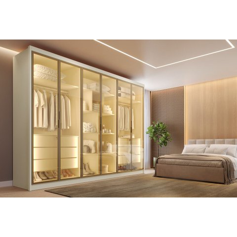 Roupeiro 6 Portas Reflectas 6 Gavetas Carolina-Noble Glass:Off-White