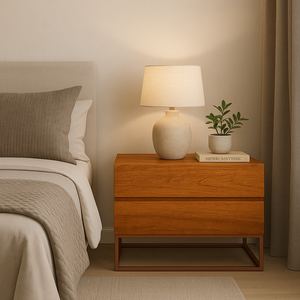 Mesa de Cabeceira Retrô Alto Padrão com 2 Gavetas Base Cobre:naturale